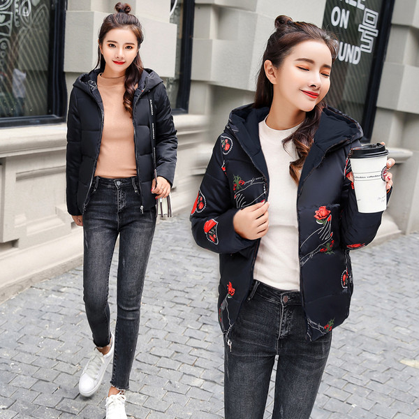 Női őszi kabát két arccal - rövid modellel és kapucnival piros, fekete, fehér és narancs színben