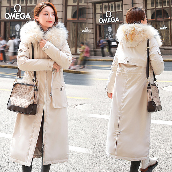 Női téli hosszú kabát puha béléssel, kapucnival, fekete, fehér, bézs és kék színben