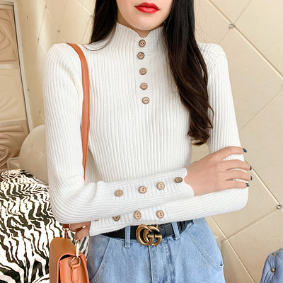 Női pulóver vékony kötéssel és gombokkal fekete, kék, fehér és bézs színben