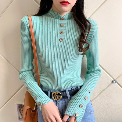 Női pulóver vékony kötéssel és gombokkal fekete, kék, fehér és bézs színben