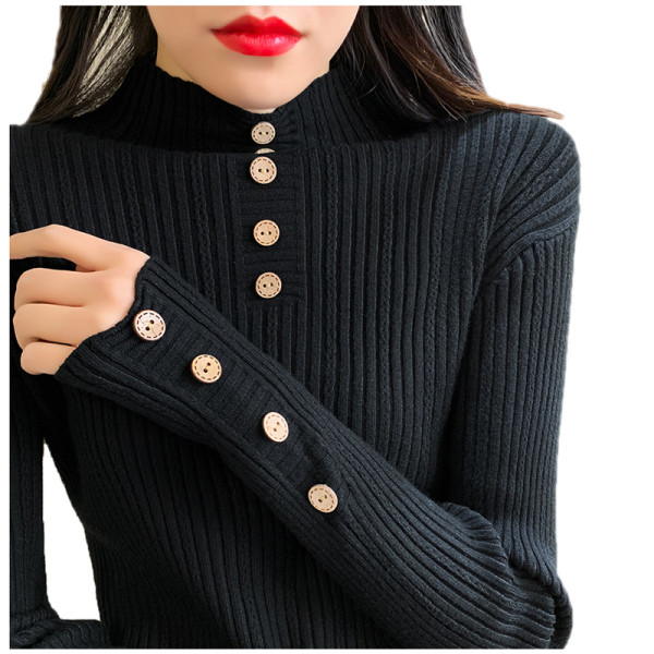 Női pulóver vékony kötéssel és gombokkal fekete, kék, fehér és bézs színben