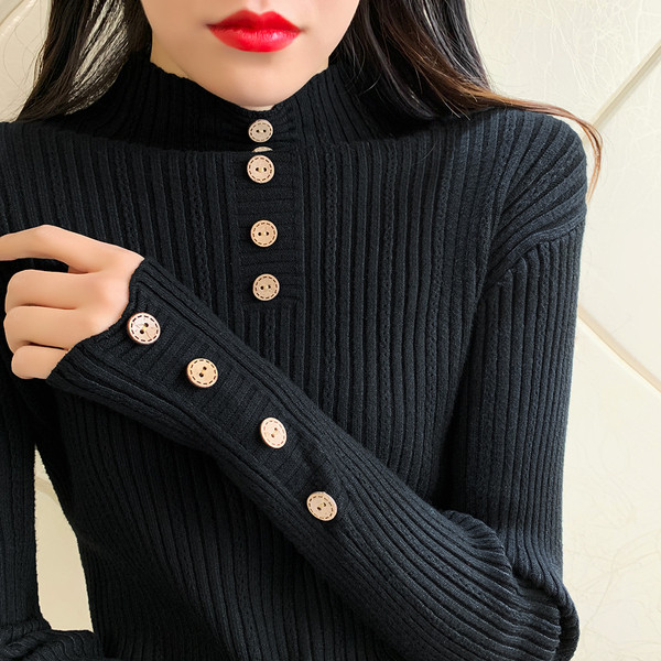 Női pulóver vékony kötéssel és gombokkal fekete, kék, fehér és bézs színben