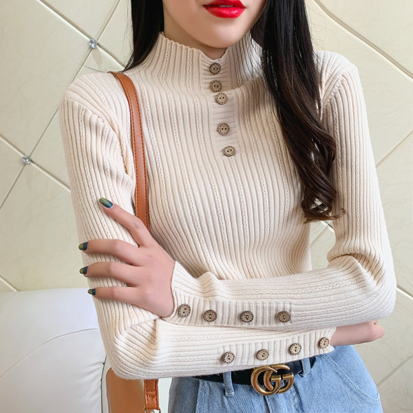 Női pulóver vékony kötéssel és gombokkal fekete, kék, fehér és bézs színben