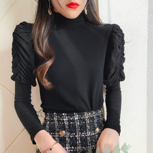 Modern női blúz puffos ujjakkal, magas gallérral több színben