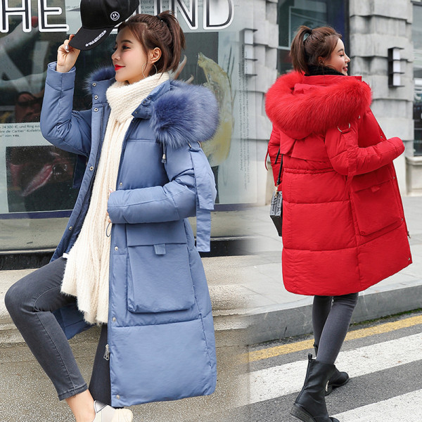 Χειμερινό γυναικείο μπουφάν με τσέπες και έγχρωμη γούνα στη κουκούλα - μακρύ μοντέλο σε κόκκινο, κίτρινο, μπλε, μαύρο και άσπρο χρώμα