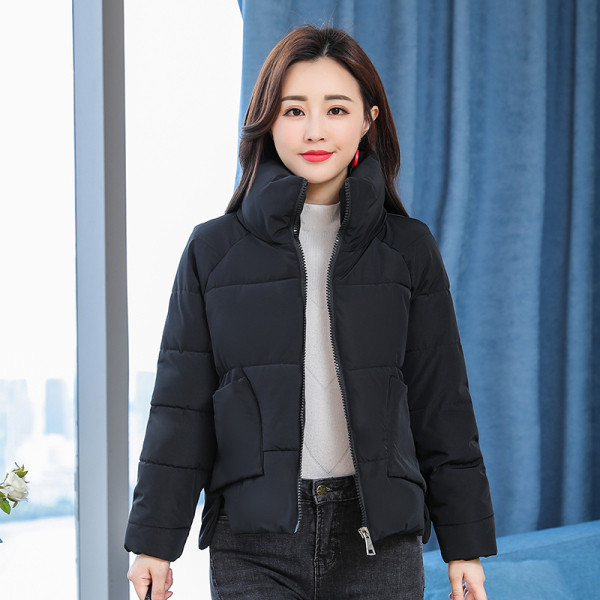 Női alkalmi téli kabát kapucni nélkül fekete, fehér és rózsaszín cipzárral