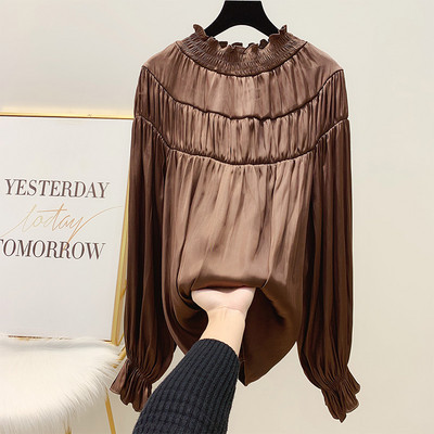 Modern női hajtogatott ing magas gallérral és hosszú ujjú, több színben