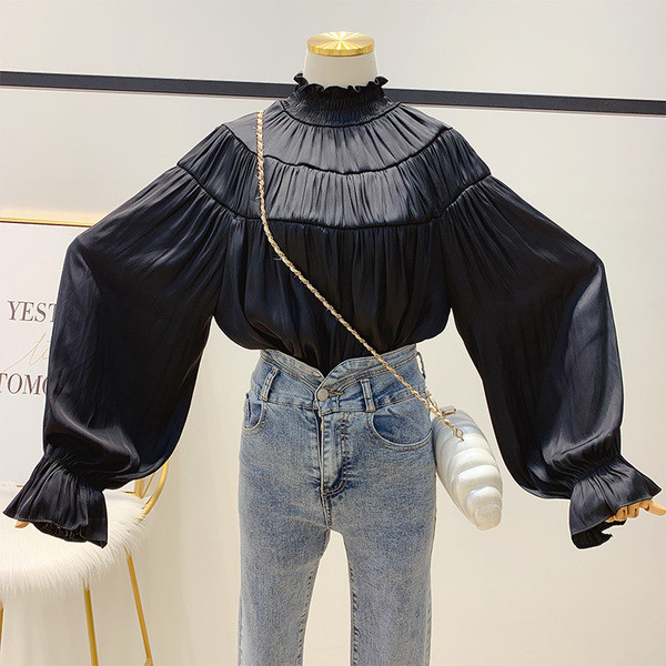 Modern női hajtogatott ing magas gallérral és hosszú ujjú, több színben