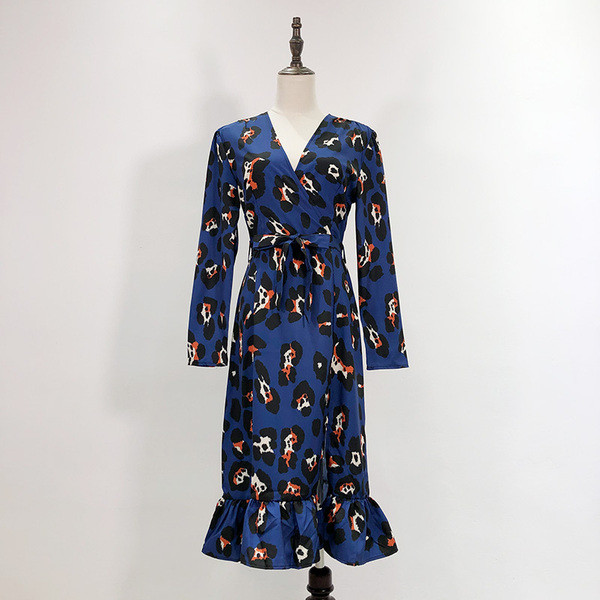 Rochie casual de dama cu cravate in talie si bucle in model albastru si leopard