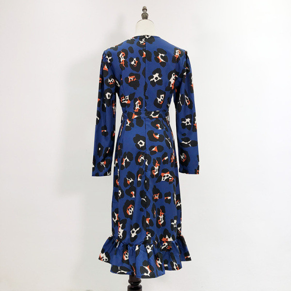 Rochie casual de dama cu cravate in talie si bucle in model albastru si leopard