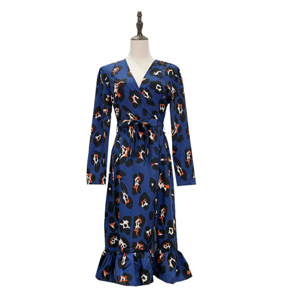 Rochie casual de dama cu cravate in talie si bucle in model albastru si leopard