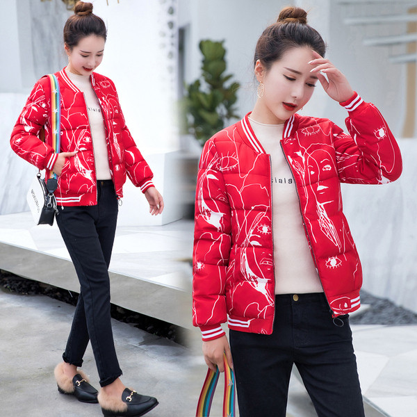 Geaca de dama toamna-iarna cu motiv colorat in negru, rosu, gri si alb