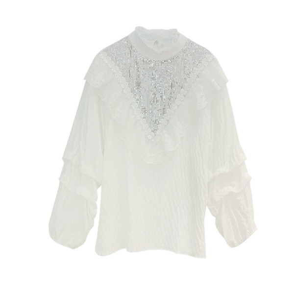 Μοντέρνο γυναικείο πουκάμισο με ψηλό γιακά και μακρύ μανίκια σε λευκό και μαύρο χρώμα