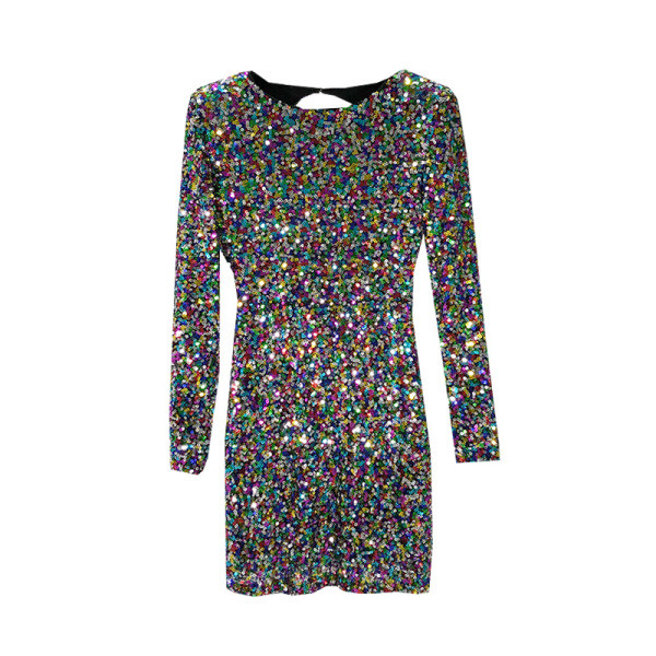 Σύντομο κομψόγυαι φόρεμα με παγιέτες με μακριά μανίκια και οβάλ ντεκολτέ