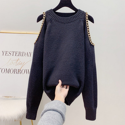 Modern női kötött pulóver csupasz váll, fém elemmel több színben