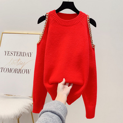 Modern női kötött pulóver csupasz váll, fém elemmel több színben