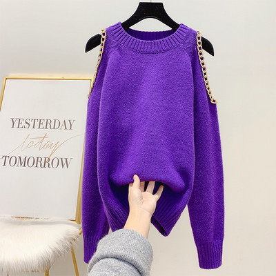 Modern női kötött pulóver csupasz váll, fém elemmel több színben