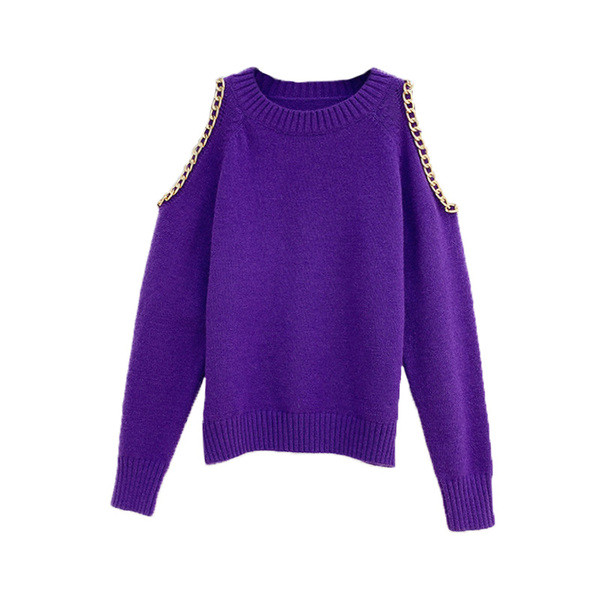 Modern női kötött pulóver csupasz váll, fém elemmel több színben