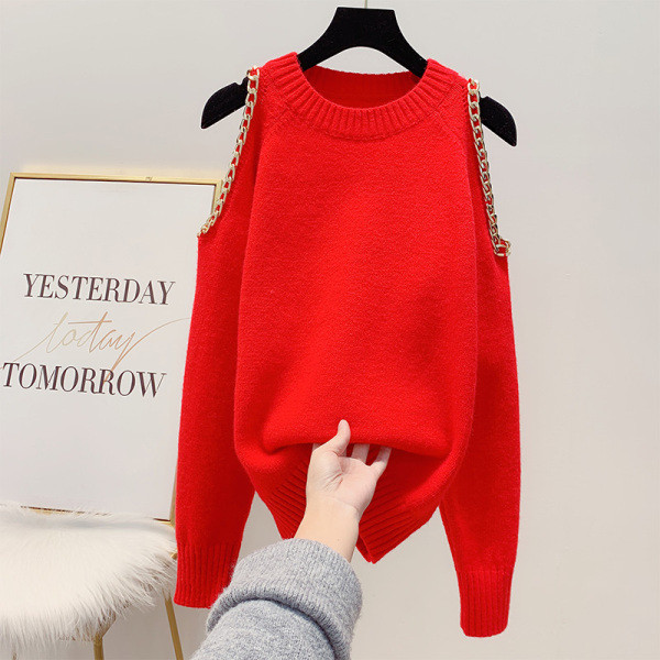 Modern női kötött pulóver csupasz váll, fém elemmel több színben