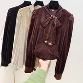 Modern női ing szalaggal és hosszú ujjú fekete, bézs és barna színben