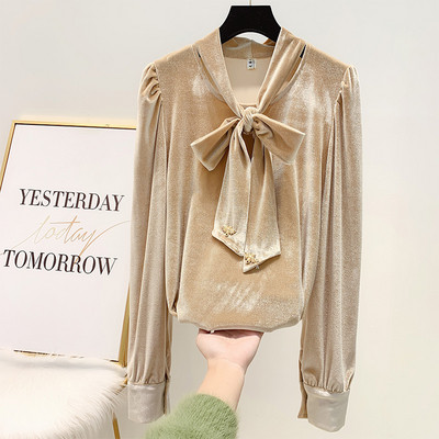 Modern női ing szalaggal és hosszú ujjú fekete, bézs és barna színben