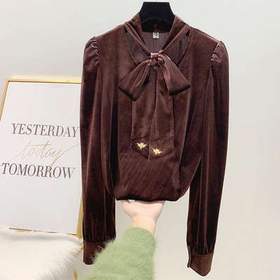 Modern női ing szalaggal és hosszú ujjú fekete, bézs és barna színben