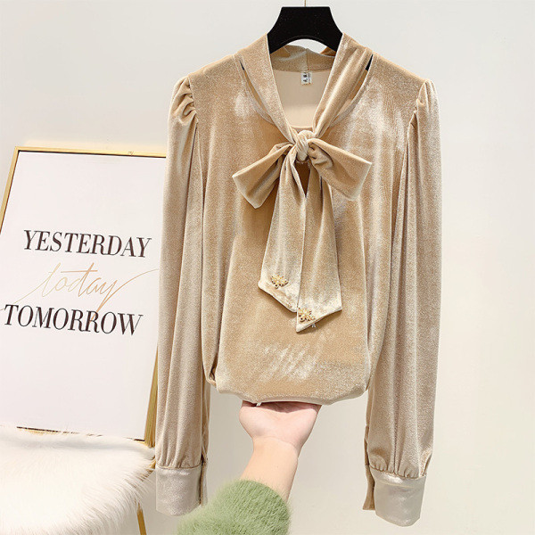 Modern női ing szalaggal és hosszú ujjú fekete, bézs és barna színben