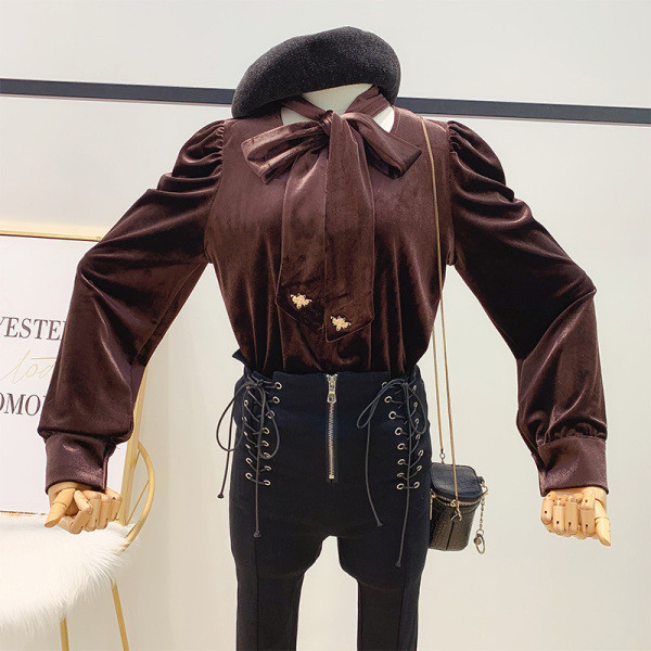 Modern női ing szalaggal és hosszú ujjú fekete, bézs és barna színben