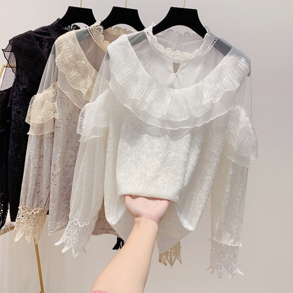 Modern női ing fürtökkel és csipkével, fehér, fekete és bézs színben