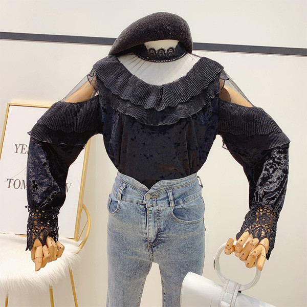 Modern női ing fürtökkel és csipkével, fehér, fekete és bézs színben