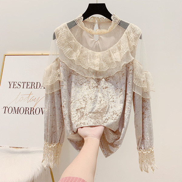 Modern női ing fürtökkel és csipkével, fehér, fekete és bézs színben