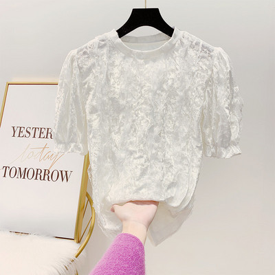 Modern női blúz rövid ujjal és ovális nyakkivágással fehér, bézs, rózsaszín és fekete színben