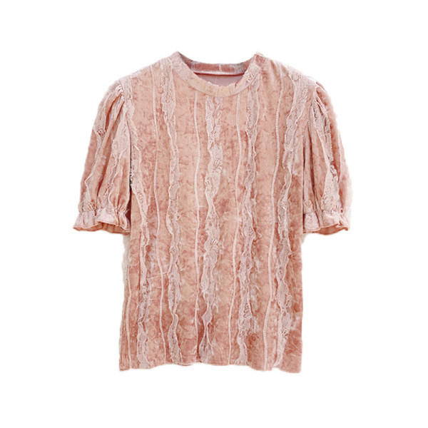 Modern női blúz rövid ujjal és ovális nyakkivágással fehér, bézs, rózsaszín és fekete színben