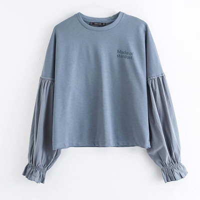 Γυναικεία καθημερινή μπλε μπλούζα με φαρδιά μανίκια και επιγραφή