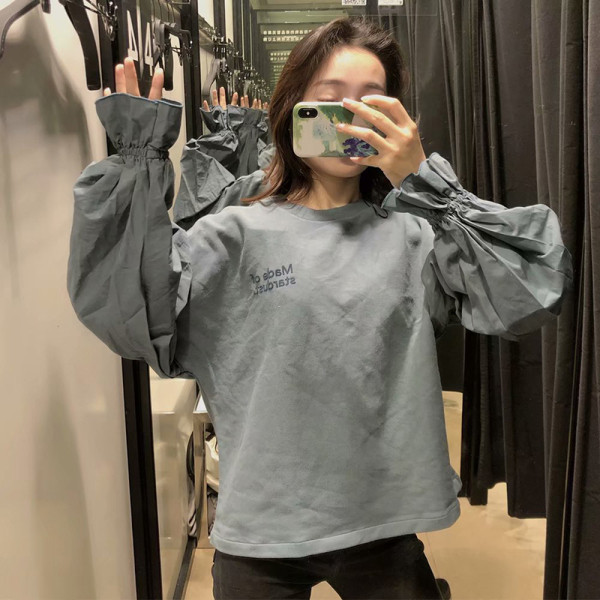 Γυναικεία καθημερινή μπλε μπλούζα με φαρδιά μανίκια και επιγραφή