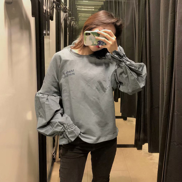 Γυναικεία καθημερινή μπλε μπλούζα με φαρδιά μανίκια και επιγραφή