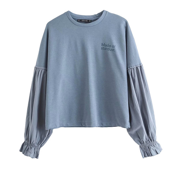 Γυναικεία καθημερινή μπλε μπλούζα με φαρδιά μανίκια και επιγραφή