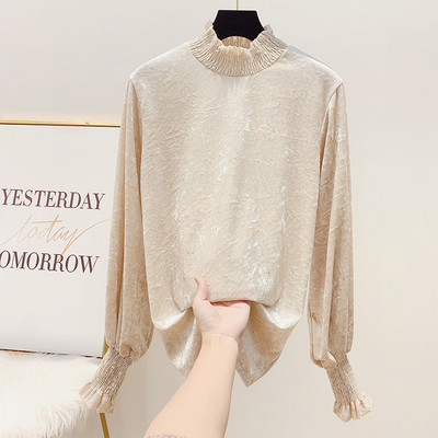 Μοντέρνα γυναικεία μπλούζα με ψηλό κολάρο και μακρύ μανίκι - ευρύ μοτίβο σε μαύρο, λευκό και ροζ χρώμα