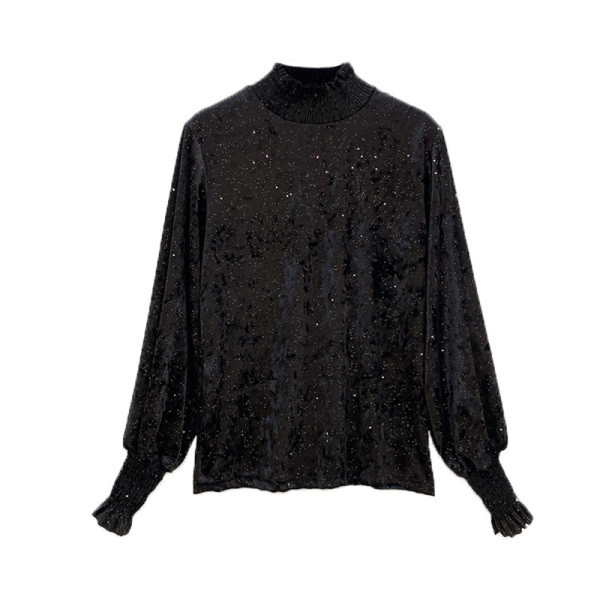 Μοντέρνα γυναικεία μπλούζα με ψηλό κολάρο και μακρύ μανίκι - ευρύ μοτίβο σε μαύρο, λευκό και ροζ χρώμα