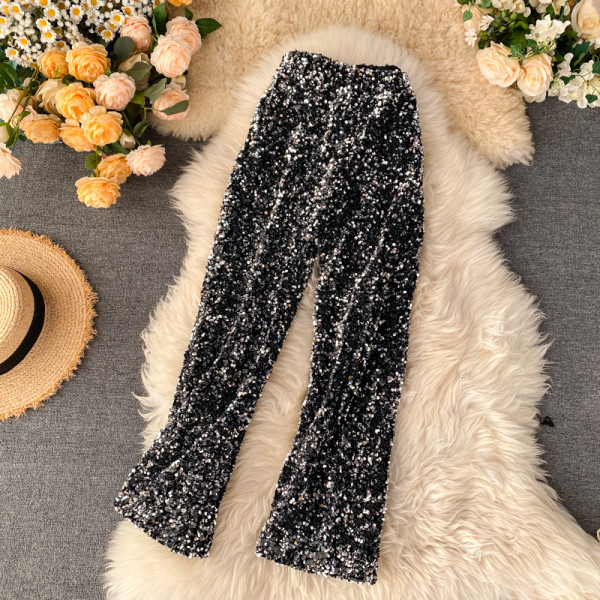 Pantaloni de dama model lat cu paiete in negru si argintiu