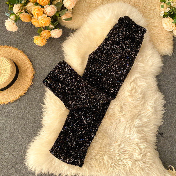 Pantaloni de dama model lat cu paiete in negru si argintiu