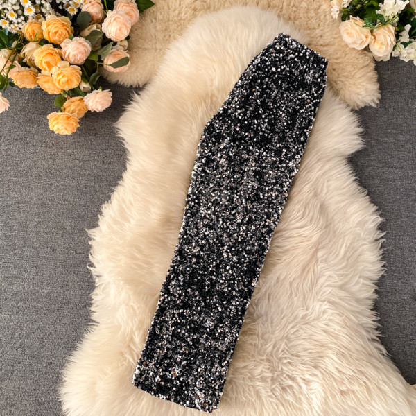 Pantaloni de dama model lat cu paiete in negru si argintiu