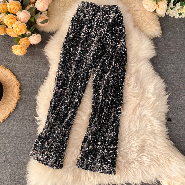 Pantaloni de dama model lat cu paiete in negru si argintiu