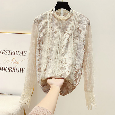 Μοντέρνο γυναικείο πουκάμισο με δαντέλα και ψηλό γιακά σε ροζ, άσπρο και μαύρο χρώμα