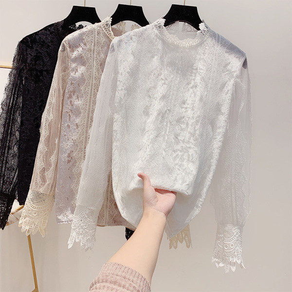 Μοντέρνο γυναικείο πουκάμισο με δαντέλα και ψηλό γιακά σε ροζ, άσπρο και μαύρο χρώμα