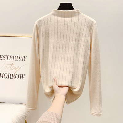 Modern női blúz fényes mintával és magas gallérral fekete, bézs barna színben