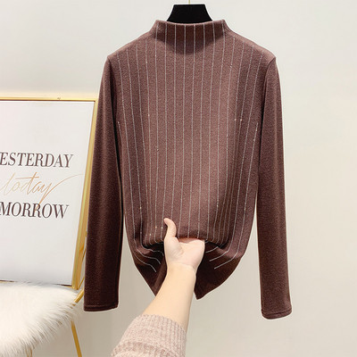 Modern női blúz fényes mintával és magas gallérral fekete, bézs barna színben