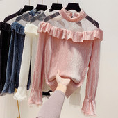 Cămașă modernă de damă cu tul și guler înalt în patru culori