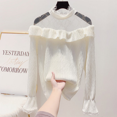 Cămașă modernă de damă cu tul și guler înalt în patru culori