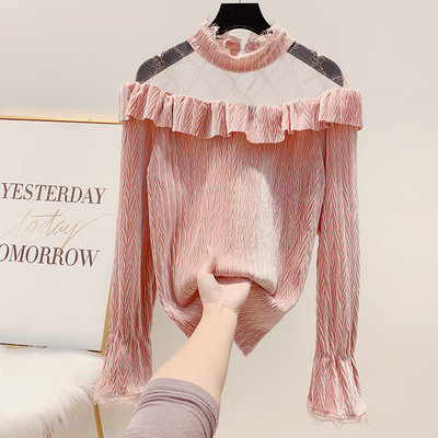 Cămașă modernă de damă cu tul și guler înalt în patru culori